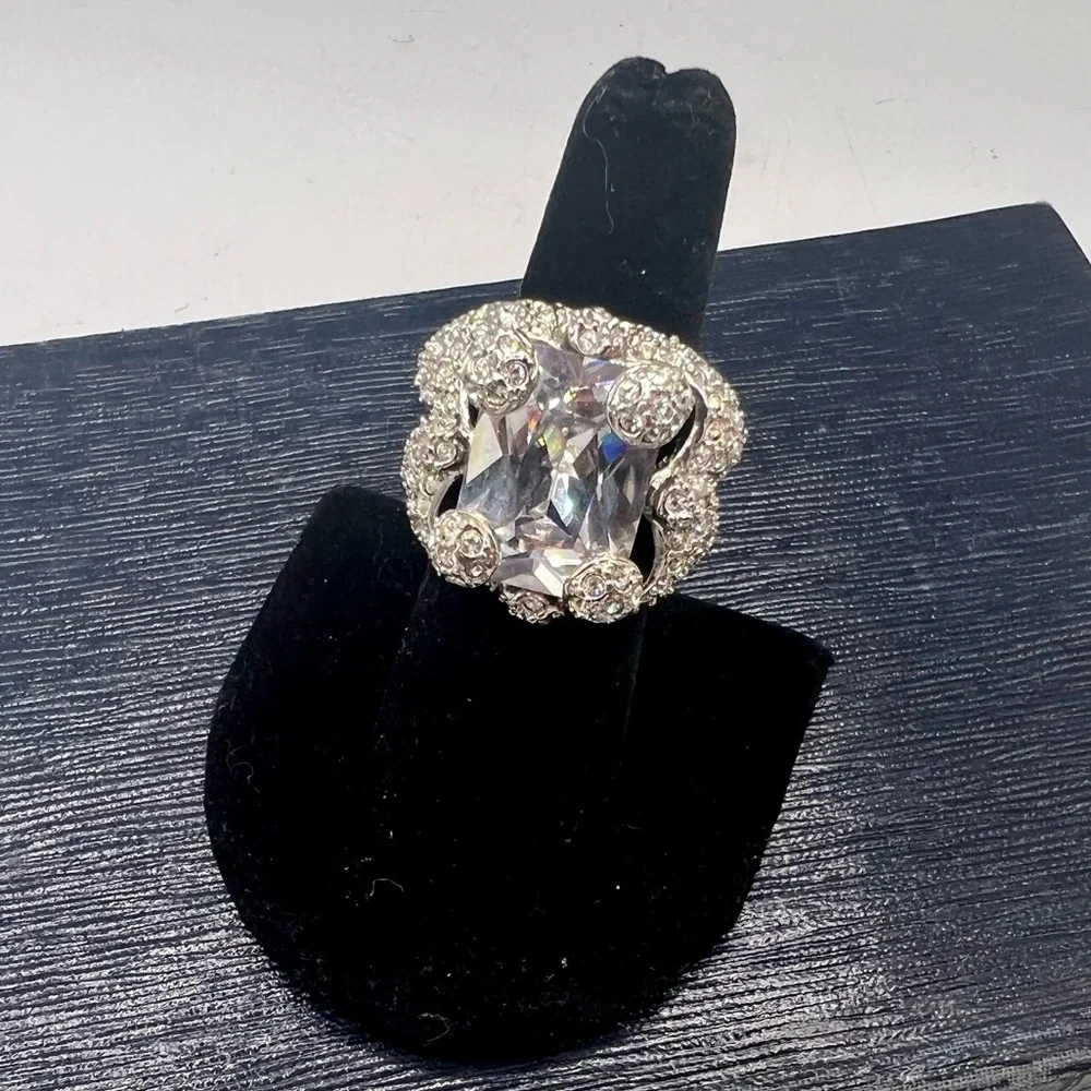 Huge chunky fake diamond cocktail ring paved rhinestones silver tone size 6